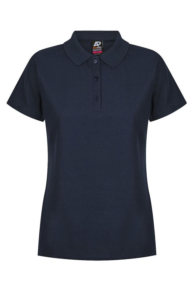A navy polo shirt with a classic collar and short sleeves, featuring a logo on the tag.