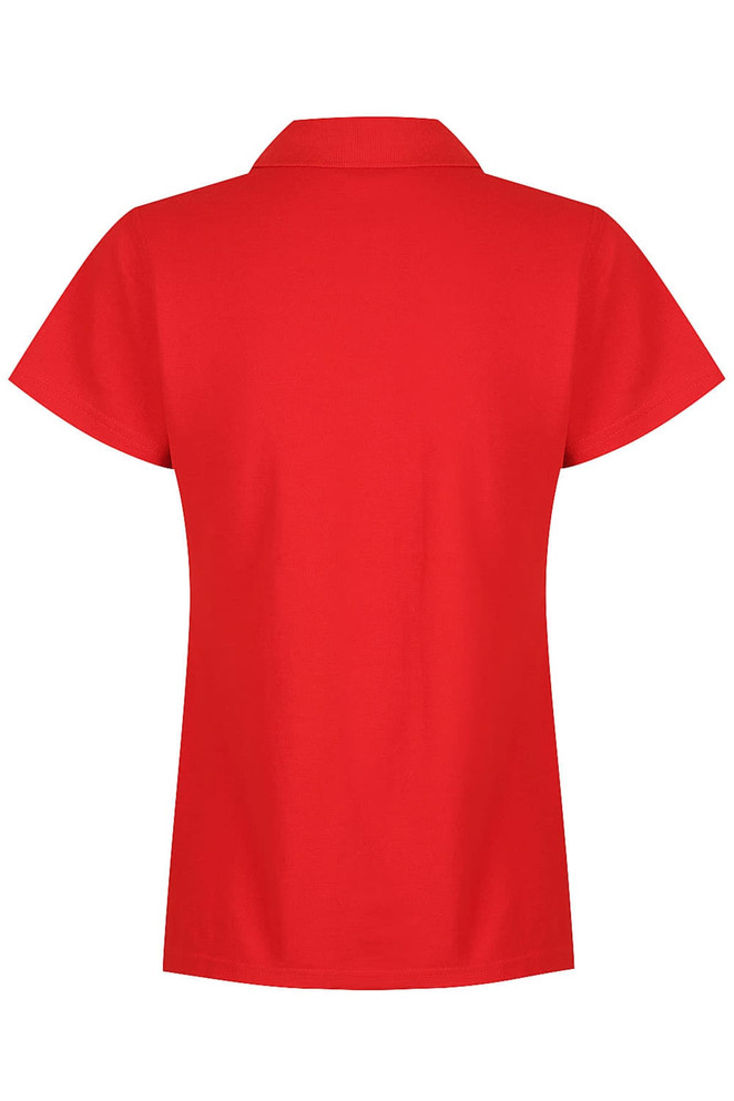 A red polo shirt with a collar and short sleeves, featuring a logo on the back.