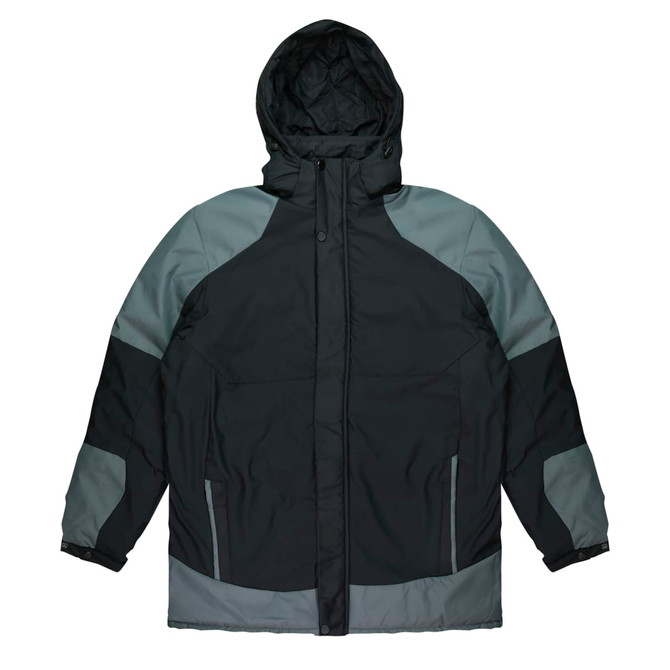 A black and grey men’s jacket with a hood and zippered pockets. It features a logo on the front.
