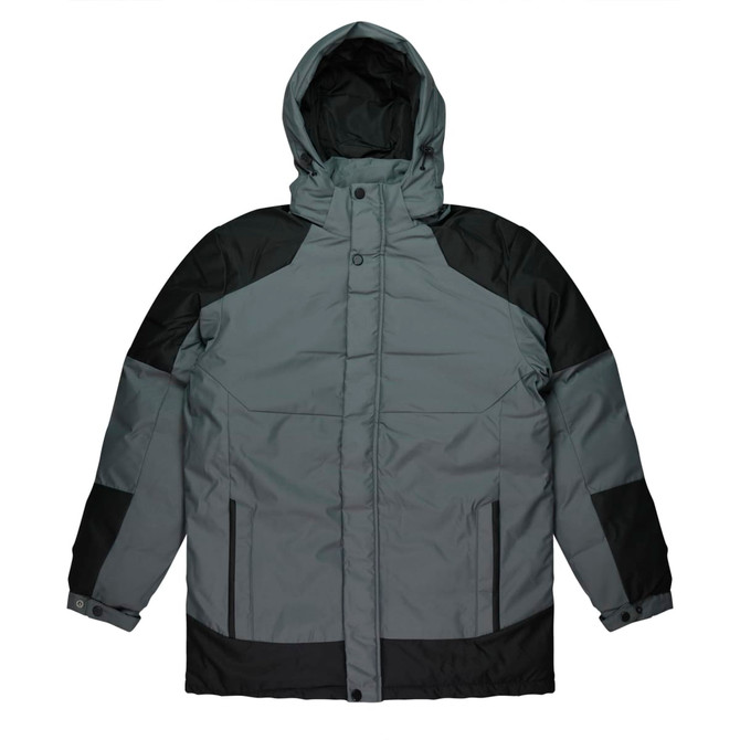 A grey and black men's jacket featuring a hood, with a button-up front and multiple design panels.