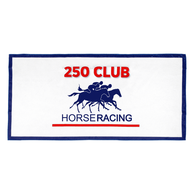 A white sports towel with blue trim featuring a horse racing graphic and a logo.
