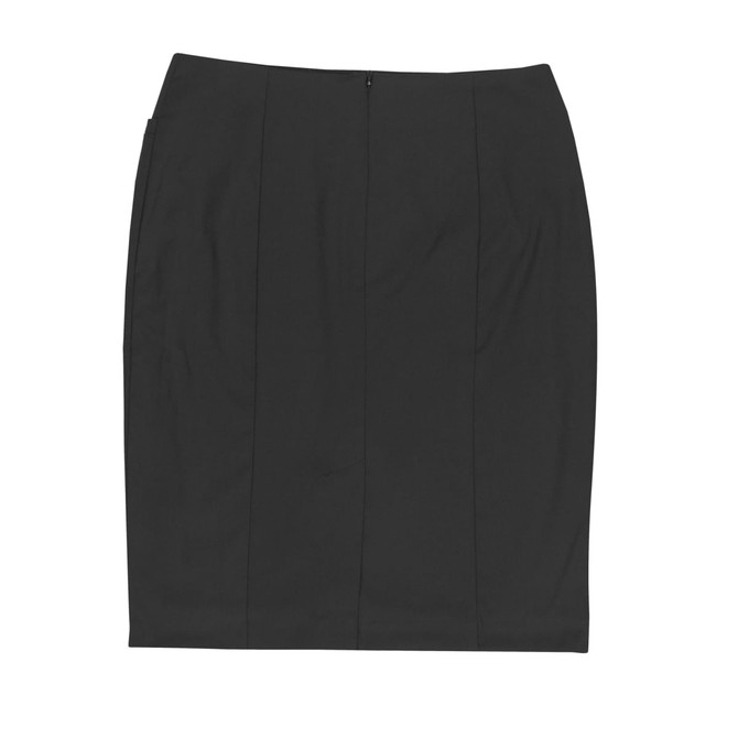 A knee-length black skirt with a sleek design and zip closure at the back, featuring subtle pleats.