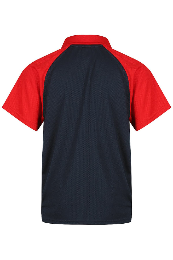 A red and navy polo shirt with a mesh design and a branding logo on the back.