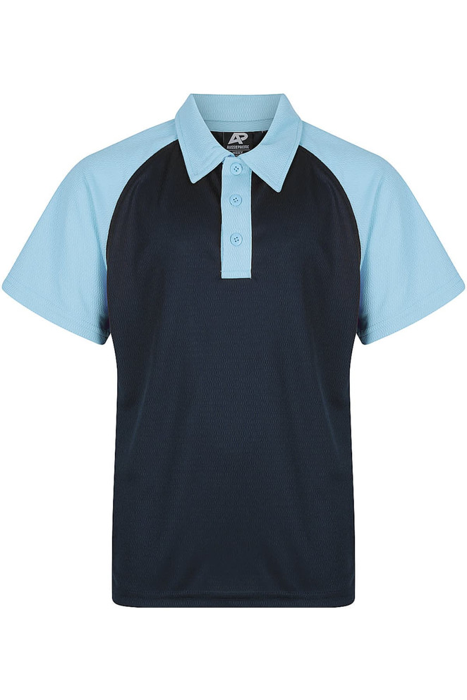 A polo shirt featuring a navy body and light blue sleeves, complete with a collar and buttons.