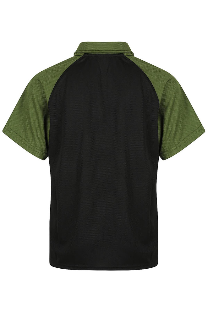 A polo shirt featuring a black body with green shoulder panels, designed for kids. Includes a logo.