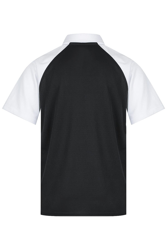 A short-sleeved polo shirt featuring black and white colours with a sporty design and a logo on the front.