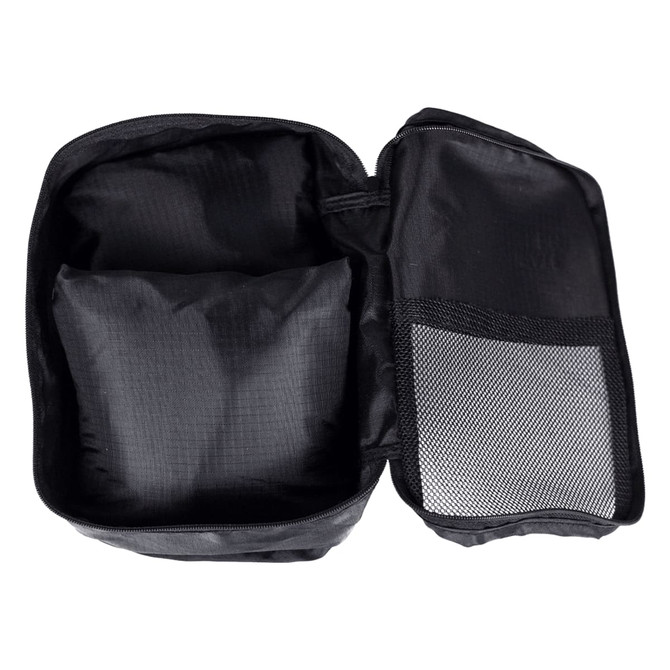 A set of three black packing cubes, featuring a spacious main compartment and a mesh pocket.