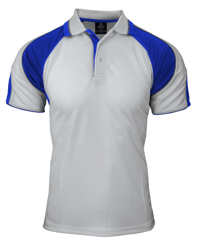 A polo shirt featuring a white body with blue sleeves, and a branded collar.