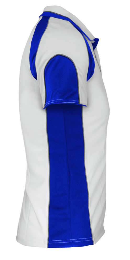 A polo shirt with a white body and blue sleeves, featuring a logo on the chest.