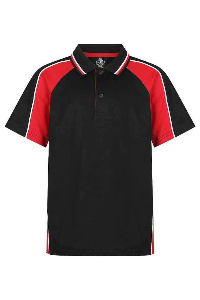 A black and red polo shirt with a button-up collar and contrasting side stripes, featuring a logo.