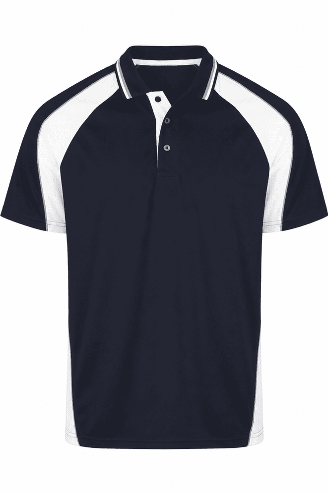 A navy and white polo shirt featuring a sporty design and a logo on the chest area.