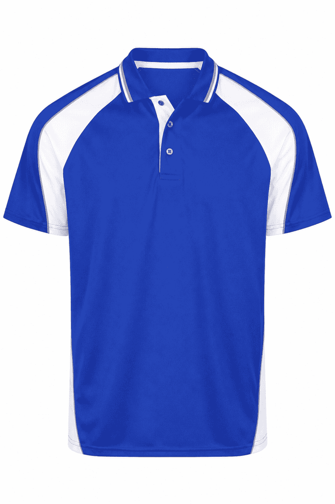 A blue polo shirt with white raglan sleeves and a collar, featuring a logo on the chest.