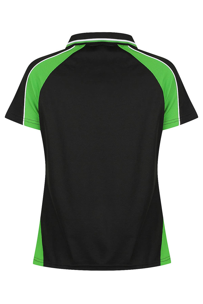A black polo shirt with green accents on the shoulders and sides, featuring a contrasting collar and a logo.