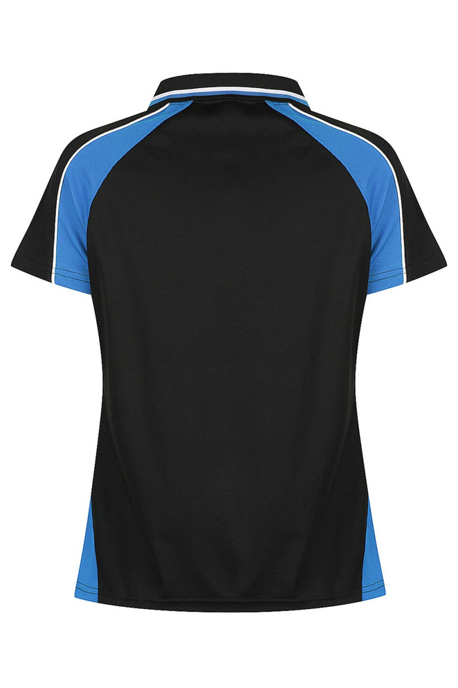 A black polo shirt with blue accents and a discreet logo on the back.