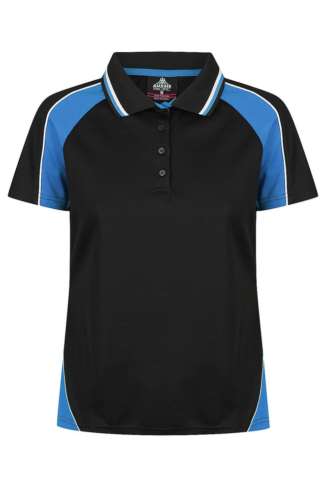 A black polo shirt featuring blue accents and a logo. Structured collar with button closure.