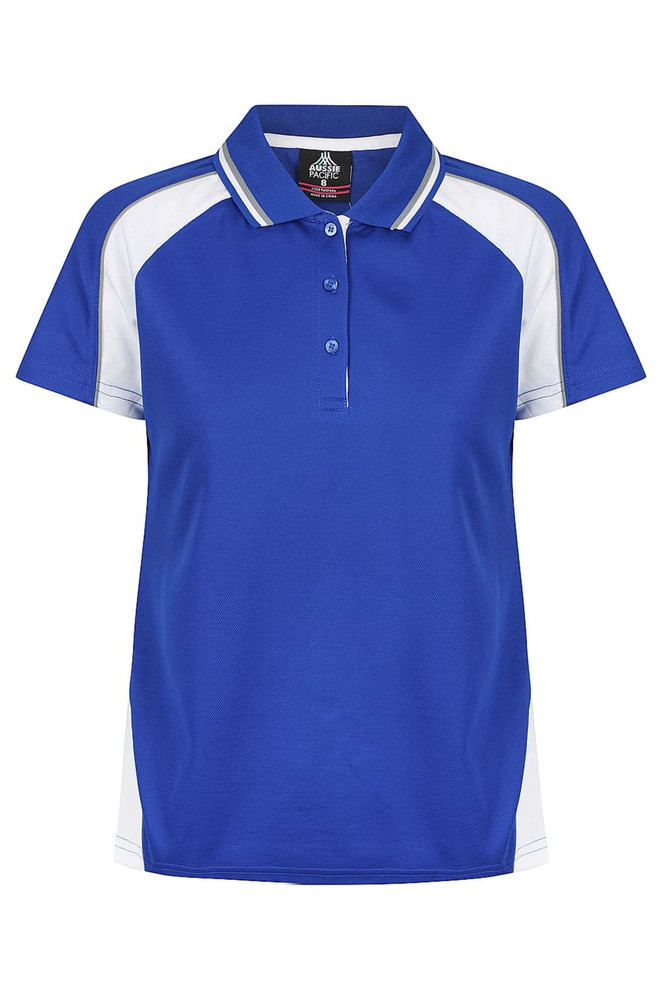 A blue women's polo shirt with white accents and a collar, featuring three buttons and a branded logo.