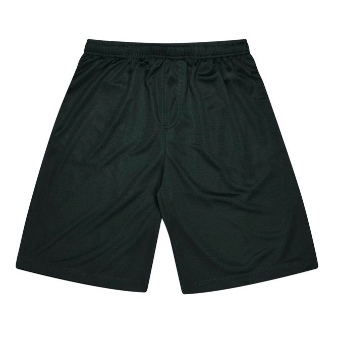 Green kids' sports shorts with an elastic waistband and a logo on one side. Suitable for athletic activities.