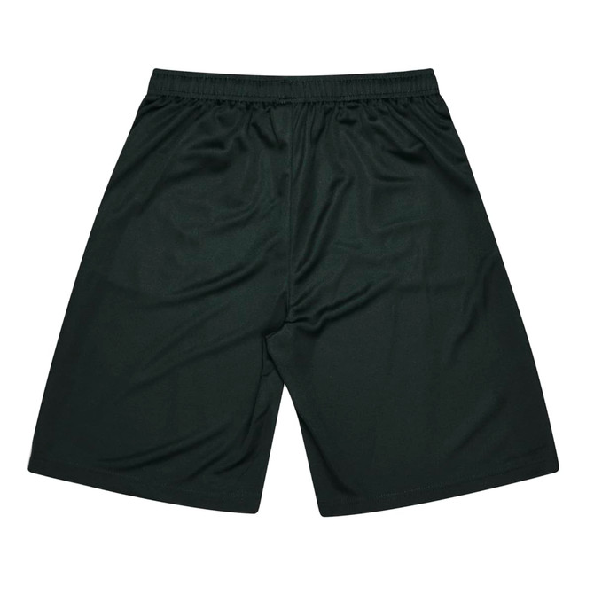 Sports shorts for kids in dark green, featuring an elastic waistband and a simple design. Contains a logo.