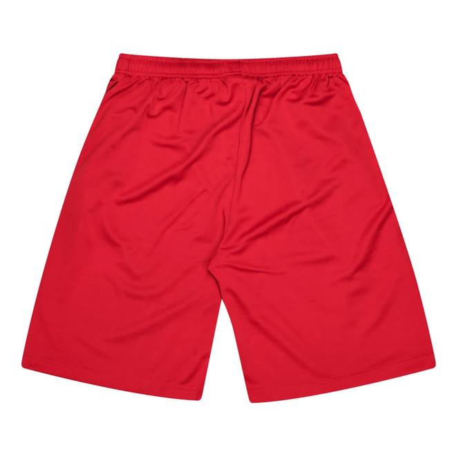 Red men's sports shorts made from lightweight fabric, featuring an elastic waistband and a logo.