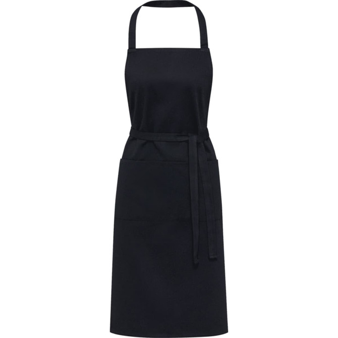 A black apron made from 240 g/m2 recycled material, featuring an adjustable neck strap and a waist tie.