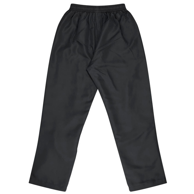 Black track pants with an elasticated waistband, featuring a loose fit and a smooth finish. Includes a branding logo.