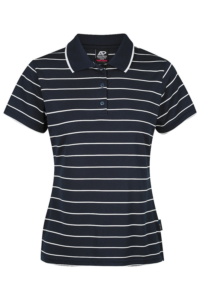 A navy and white striped polo shirt with a collar and short sleeves, featuring a logo.