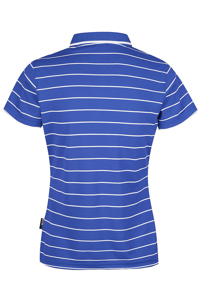 A blue and white striped polo shirt with a collar and a branded label at the hem.