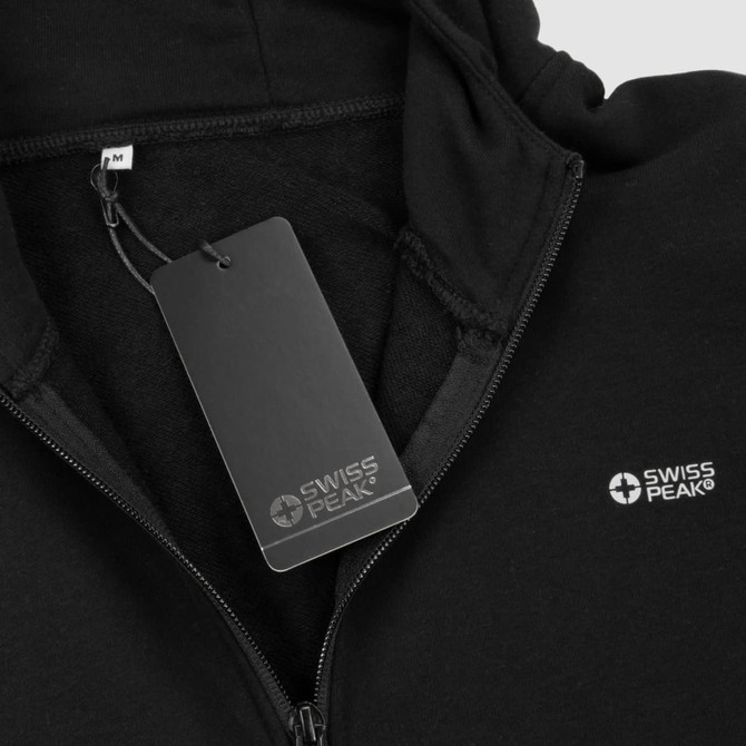 A black hoodie featuring a zip and a tag, with a small branding logo on the front.