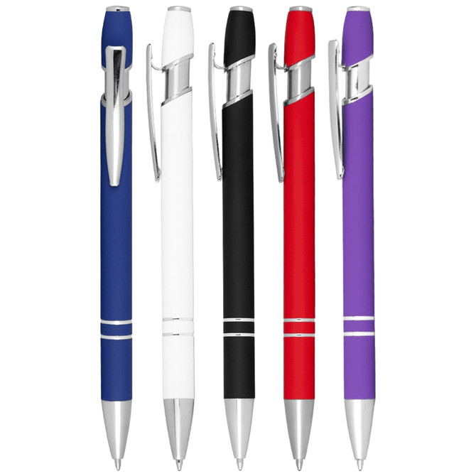 A collection of Talara Click Action Ballpoint Pens in blue, white, black, red, and purple with silver accents.