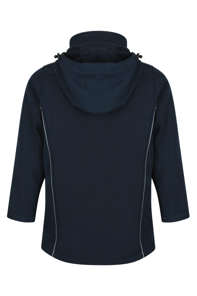 A navy jacket with a hood and zippered sides, featuring a sleek design and an attached neck collar.