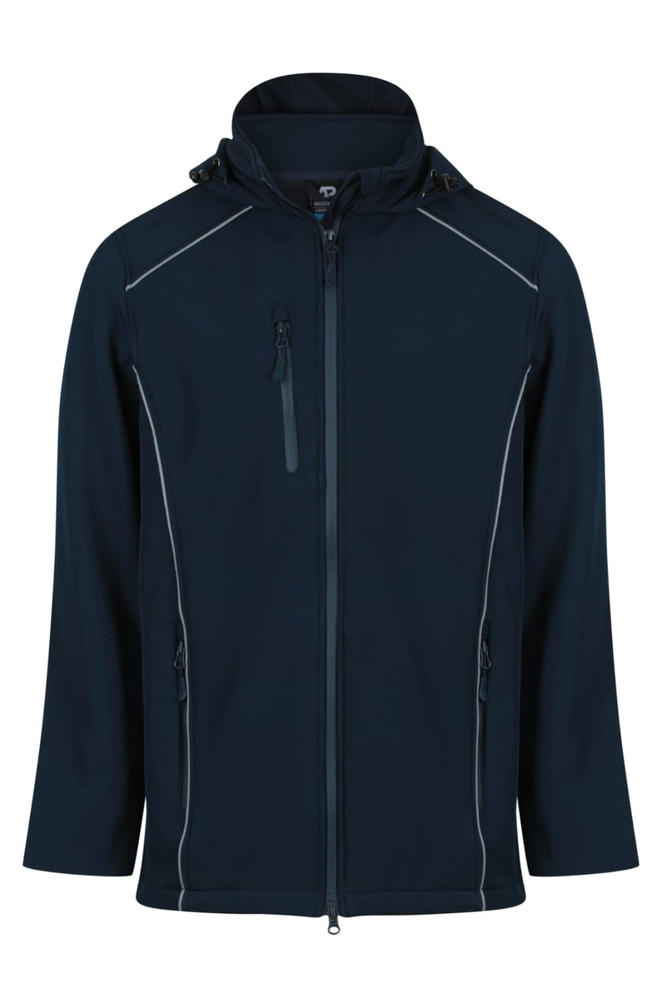 A navy soft shell jacket featuring a zippered front and two side pockets, with an attached hood and branding.