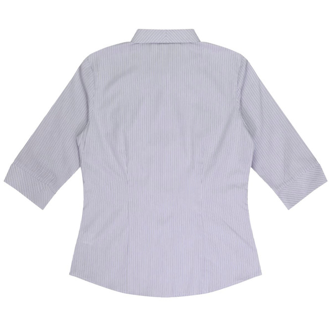 A button-up shirt with 3/4 sleeves in light blue and white striped pattern, featuring a collar and a back view.