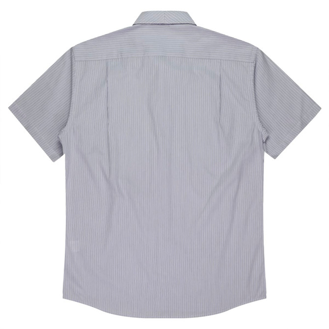 A short-sleeve, button-up shirt featuring a striped pattern in shades of blue and white, with a branded logo.