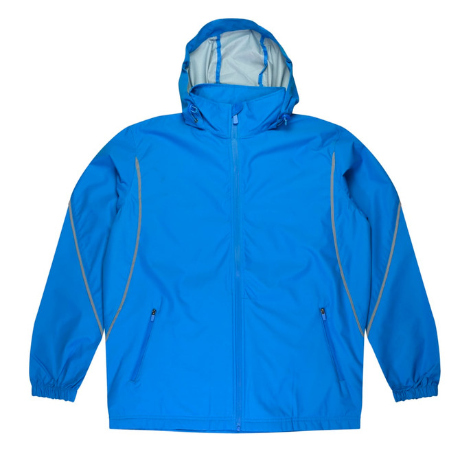 A blue jacket with a hood, featuring two side pockets and contrasting stitching. It has a logo on the front.
