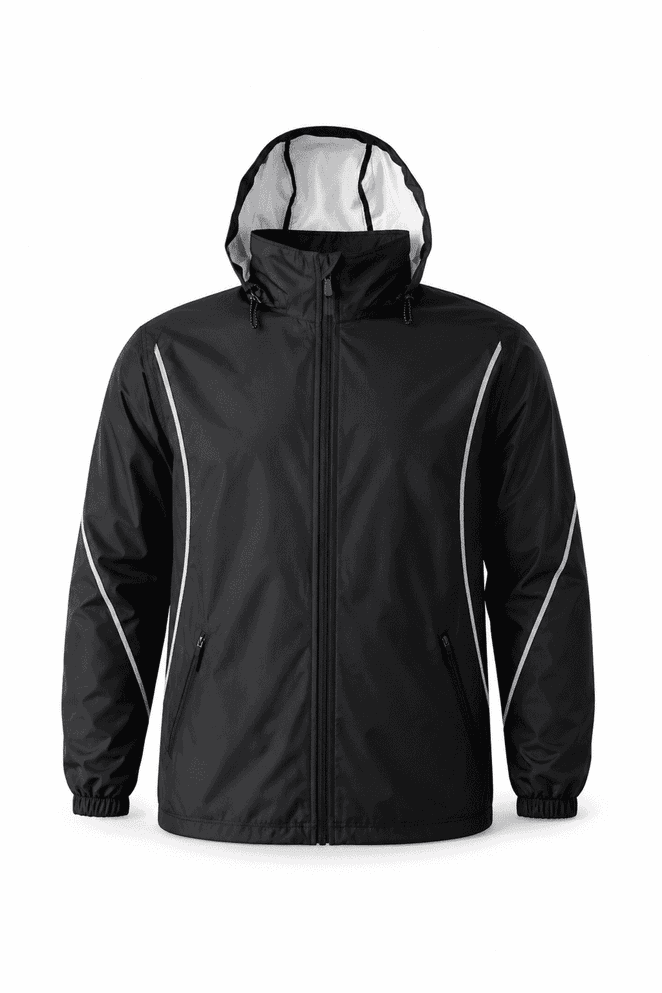 A black jacket with a hood, featuring reflective detailing and elasticised cuffs. It has a logo on the chest.