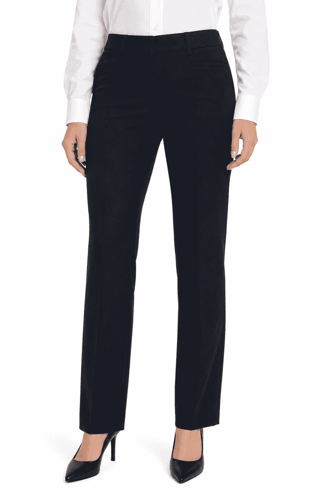 A pair of classic lady pants in black, featuring a sleek, tailored design and straight leg cut.
