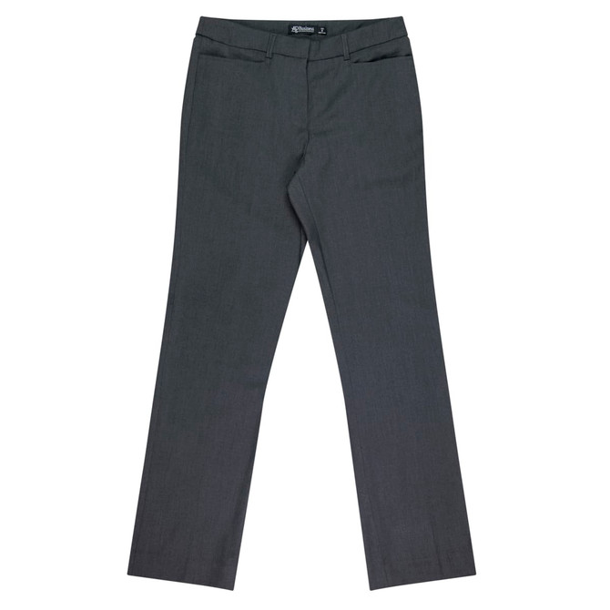 A pair of grey women's classic pants with a straight leg design, featuring front pockets and a waistband.
