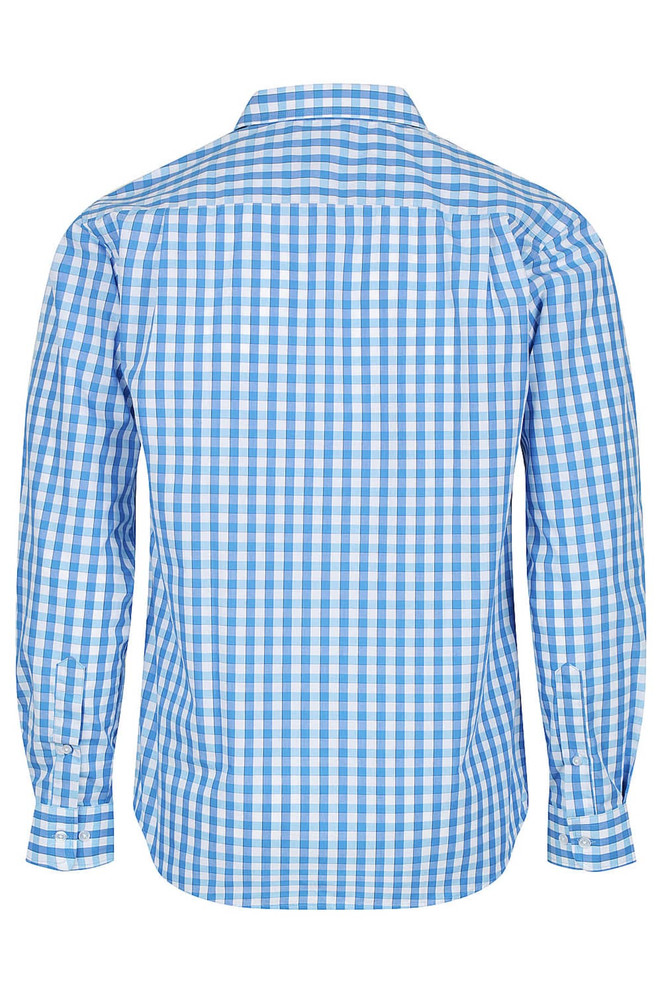 A long-sleeve button-up shirt in blue with a checked pattern and a logo on the back.