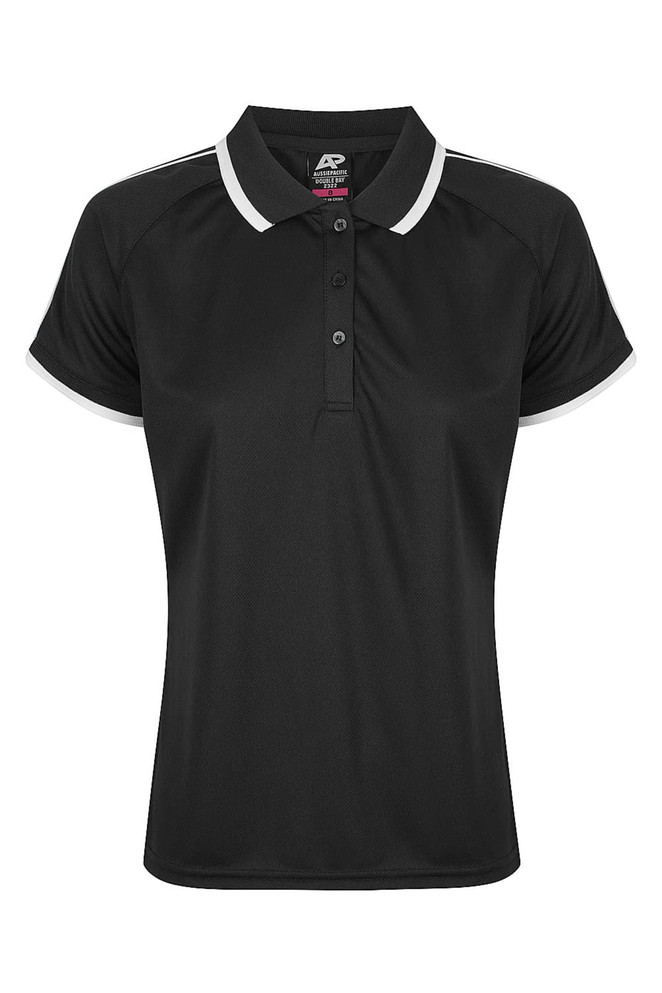 A black polo shirt featuring a collared neck and contrasting trim, designed for women. It includes a logo on the chest area.
