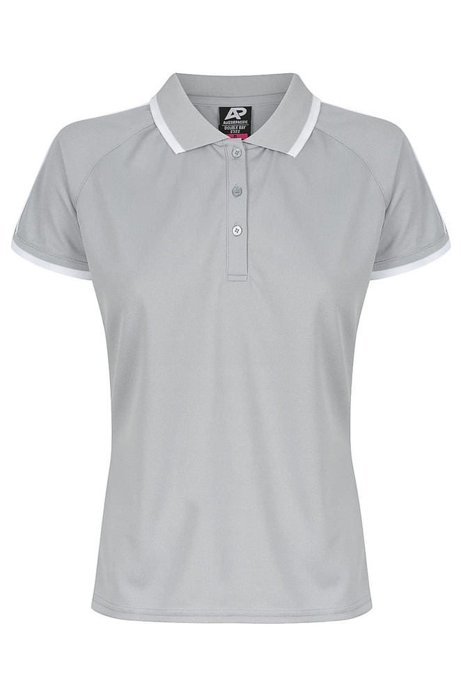 A light grey polo shirt with white accents and a logo on the collar. Short-sleeved design for a casual look.