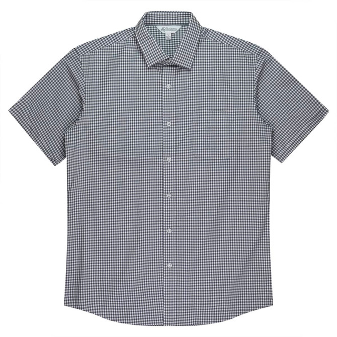 A short-sleeve button-up shirt in a black and white checkered pattern, featuring a collar and button closure.