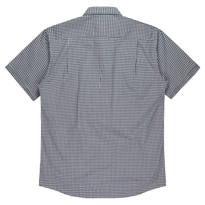 A short-sleeve button-up shirt in a checked pattern, featuring a classic collar and a logo. Dominant colours are blue and white.