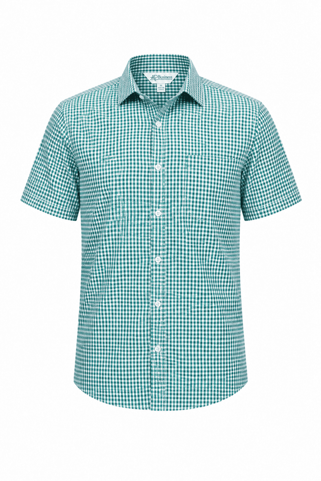 A short-sleeve button-up shirt featuring a green and white checkered pattern and a logo.