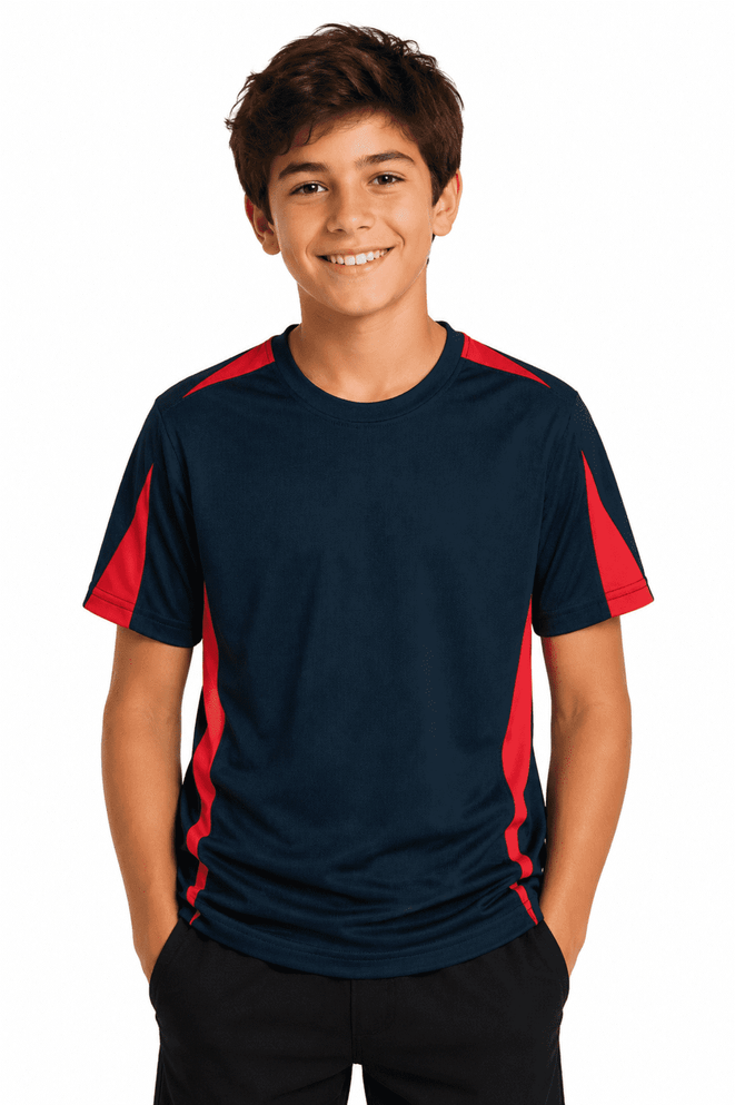 A navy blue and red T-shirt featuring short sleeves, with a sporty design and a logo on the front.