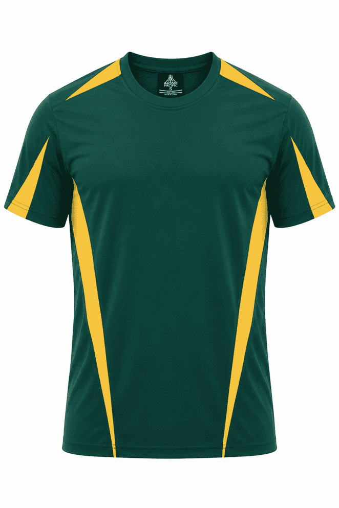 A green and yellow short-sleeved men's T-shirt with contrasting panels and a logo.