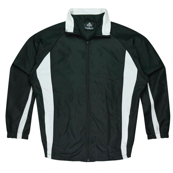 A dark green track top with white side panels and a zip front. It features a collar and elasticated cuffs.