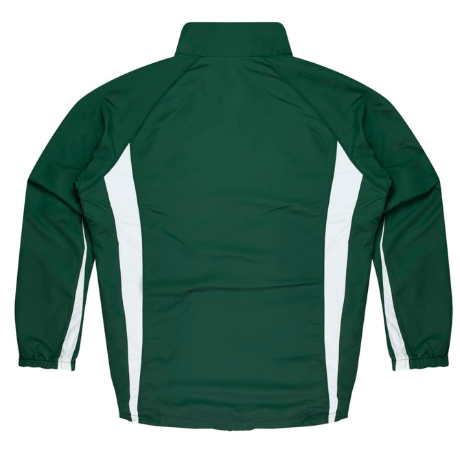 A green tracktop with white side stripes, featuring a high collar and elastic cuffs. The back view is shown.