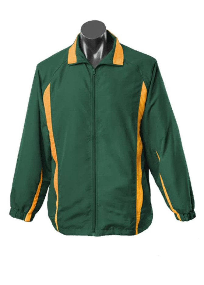 A green tracktop with yellow detailing, featuring a zip front and elastic cuffs, on a mannequin.