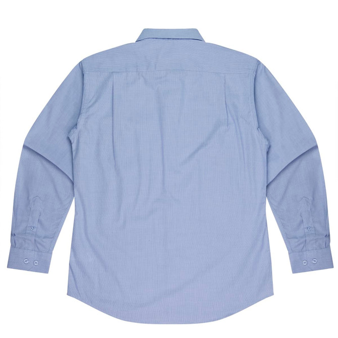 A long sleeve button-up shirt in light blue, featuring a plain back design and two-button cuffs.