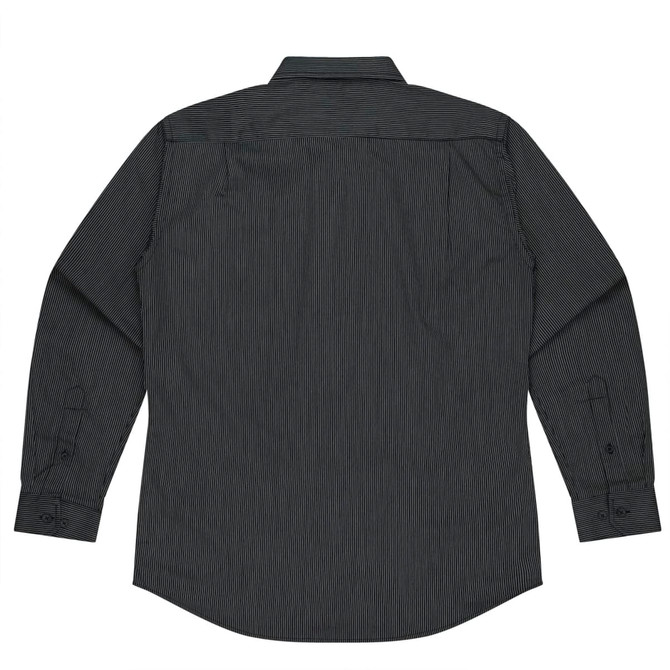 A long sleeve button-up shirt in dark green with a subtle striped pattern and a logo.